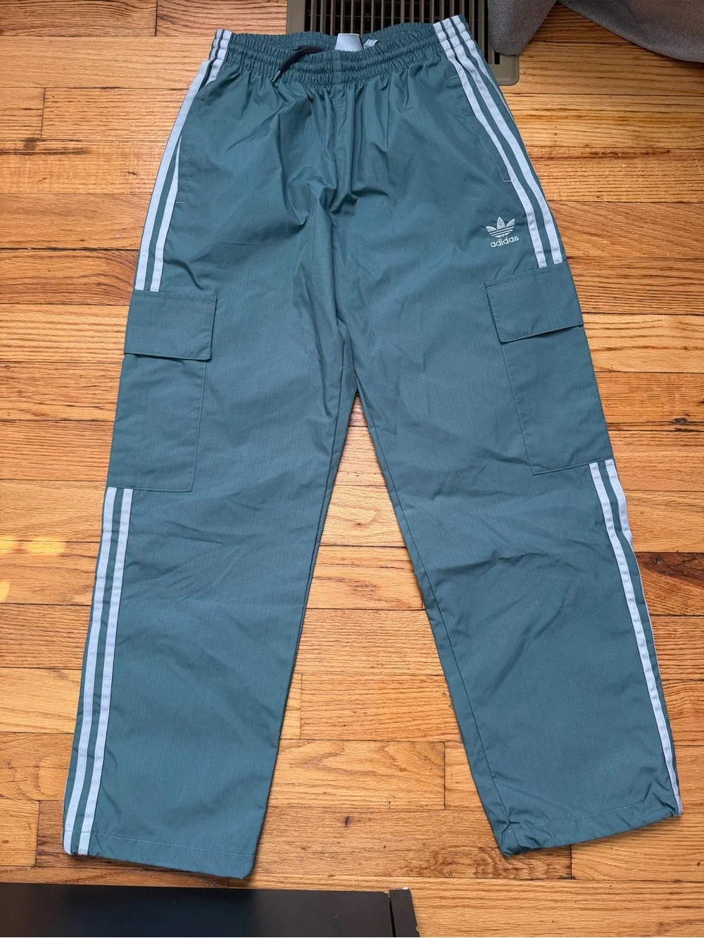 adidas Teal Green Cargo Track Pants with White Stripes